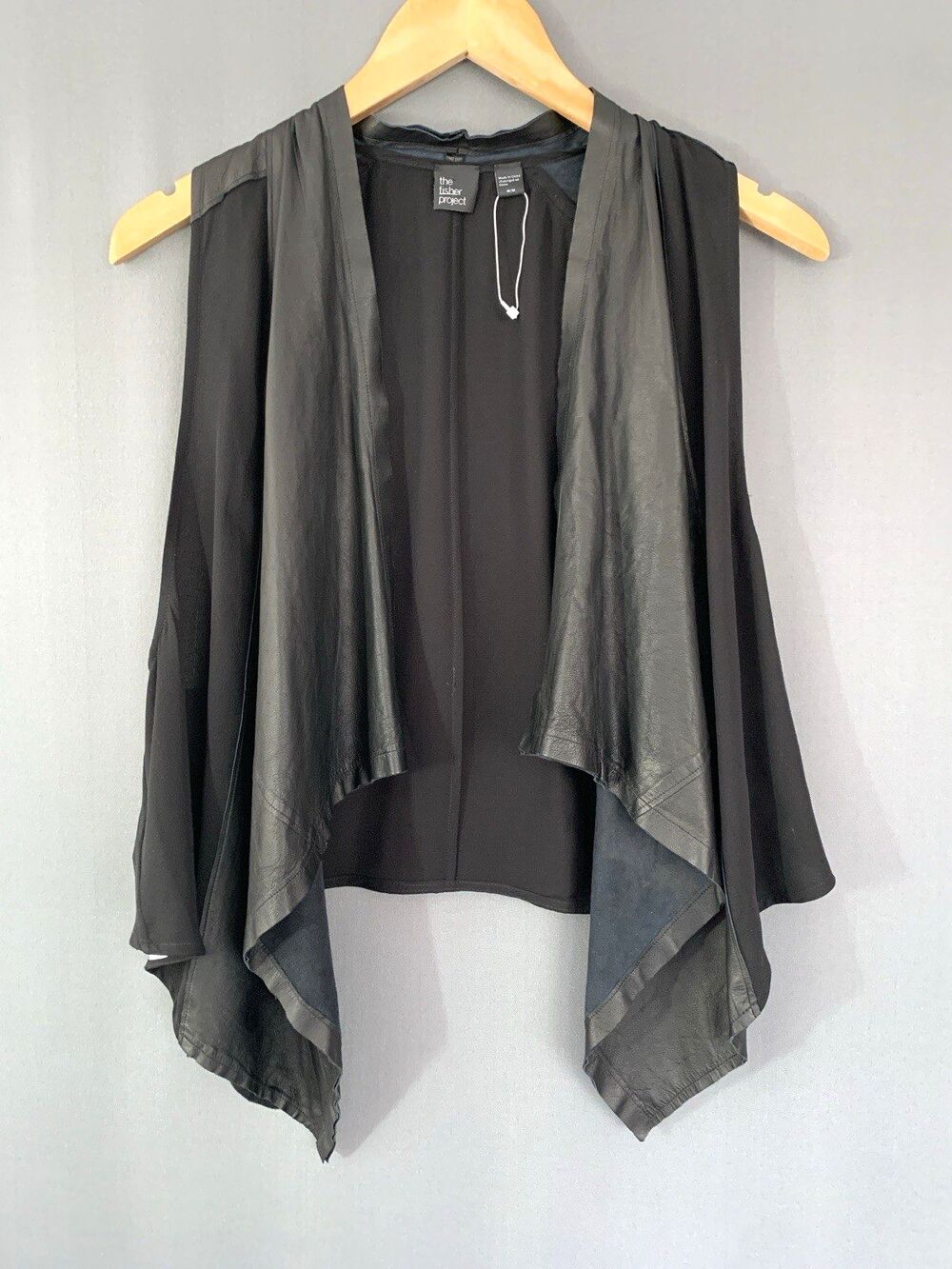 Eileen Fisher Project Black Lamb Leather Silk Vest Medium Drape Front Minimalist